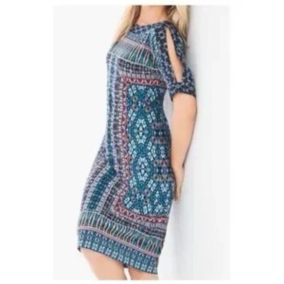 Chico’s Cold Shoulder Dress Short Sleeves Geometric Design Chicos 3 = XL Shift - Picture 1 of 11